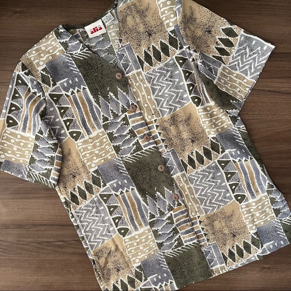 Vintage Boho Aztec Abstract Patterns Button Down Blouse Shirt - Picture 4 of 10